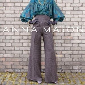 Anna Mason London Beau Trouser Wide Leg Pants Wool Tweed Plaid Check Brown Sz 4
